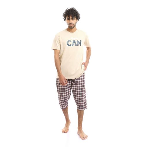 Picture of طقم بيجامة تي شيرت و بانتاكورت مطبوع "You Can" - بيج وأحمر