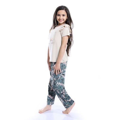 Picture of طقم بيجامة بناتي بأكتاف مكشكشة وبنطلون منقوش - بيج وزيتون