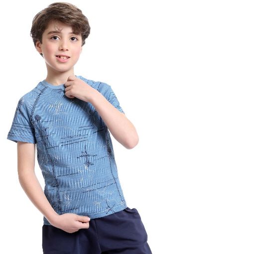 Picture of طقم بيجامة للأولاد بأكمام قصيرة وشورت سهل الارتداء - أزرق فاتح وأزرق غامق