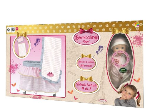 صورة عروسة بامبولينا رويال مع طقم سرير متحرك 4 في 1